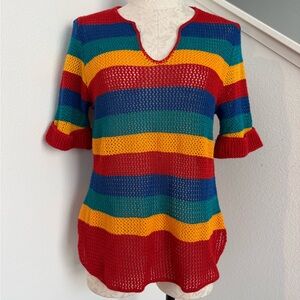 Vintage Herald House Rainbow Crochet Knit Shirt Top Blouse Medium Large USA Made